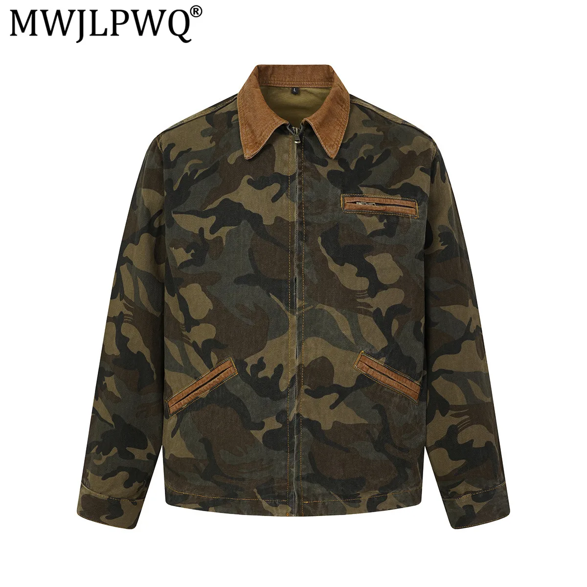 MWJLPWQ Men Retro Washed Camo Work Jacket Corduroy Lapel Zipper Pockets Design Casual Streetwear Outer Coat Spring Autumn 20703