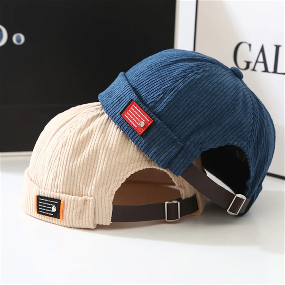 Unisex Corduroy Solid Color Brimless Caps for Men Women Streetwear Hip Hop Hats Retro Beanie Docker Caps Adjustable Dome Hats