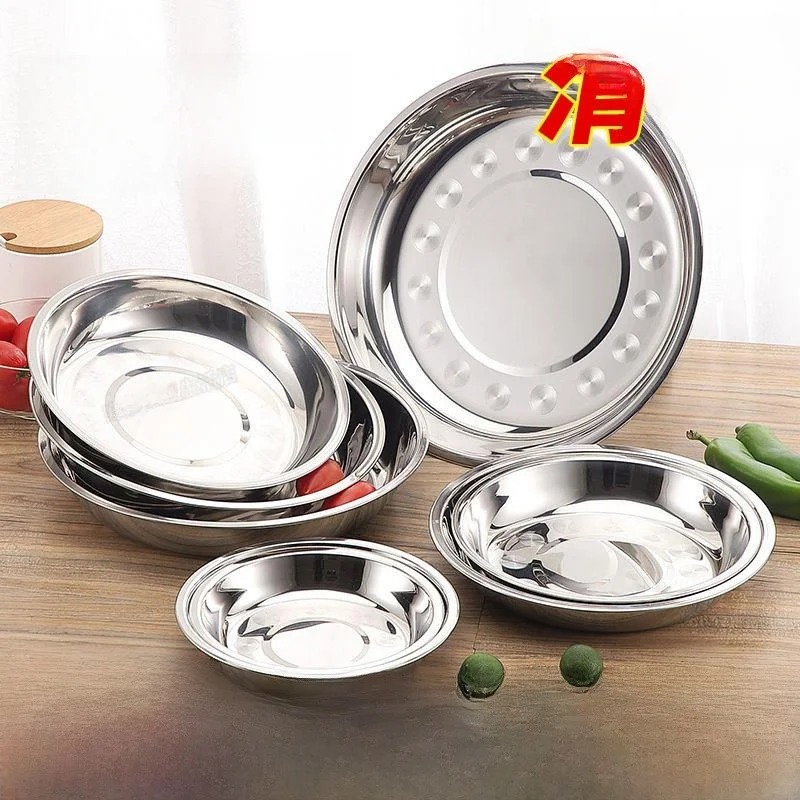 

Thickened 304 Stainless Steel round Plate White Steel Dish Special Thick Multifunctional Dinner Plate Home Use Food Tray