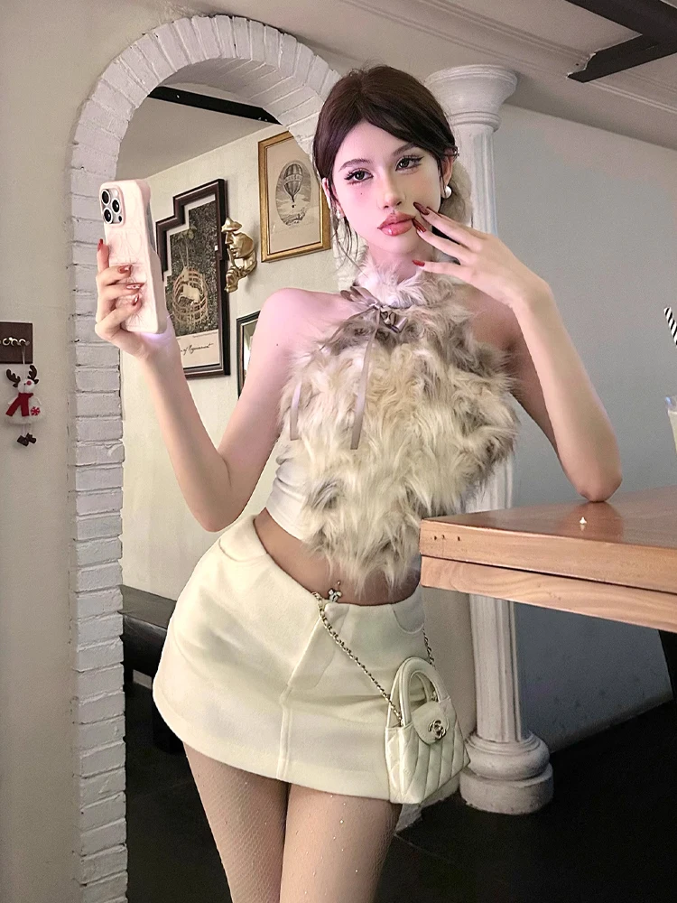 

Keni plus Size Plush Neck Hanging Top Women's Autumn Winter Spicy Girl Skirt Set High Waist A-Line Dress Korean Style Commute