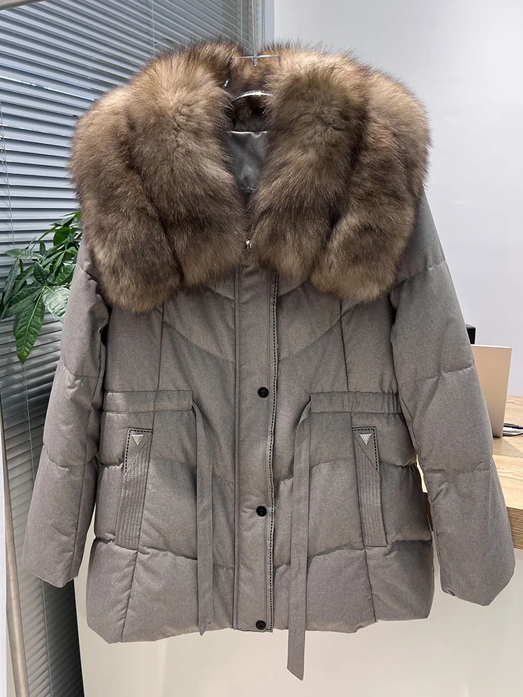 

2025 Новая модная женская зимняя теплая куртка на гусином пуху с воротником из натурального лисьего меха, женская верхняя одежда, пальто, повседневная куртка-пуховик