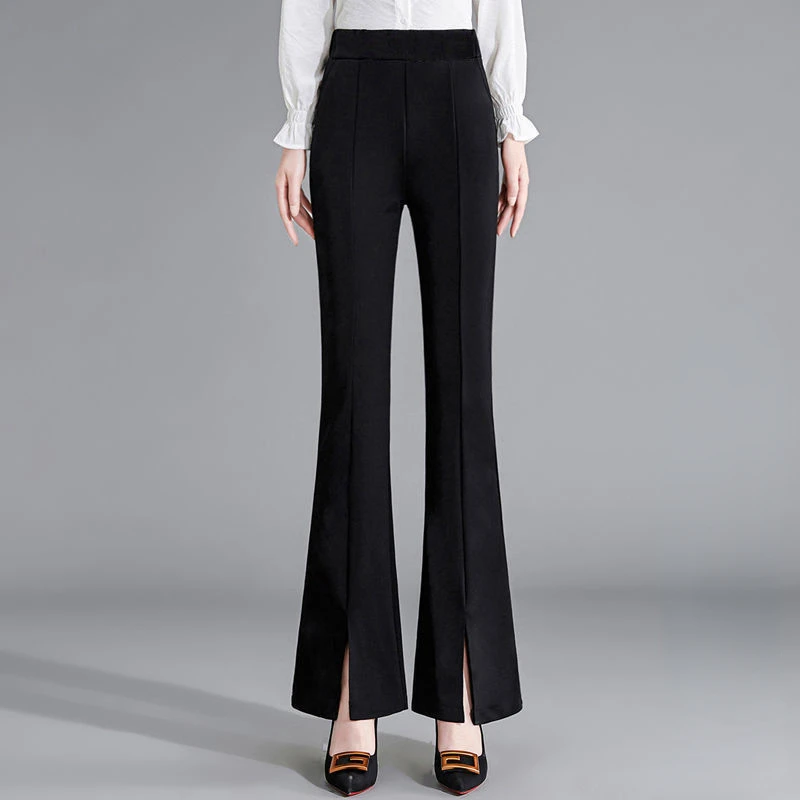 Spring and Autumn New Split Suit Pants Women's Retro High Waist Slim-Fit Micro Flared Pants Black High Waist Suit Pants