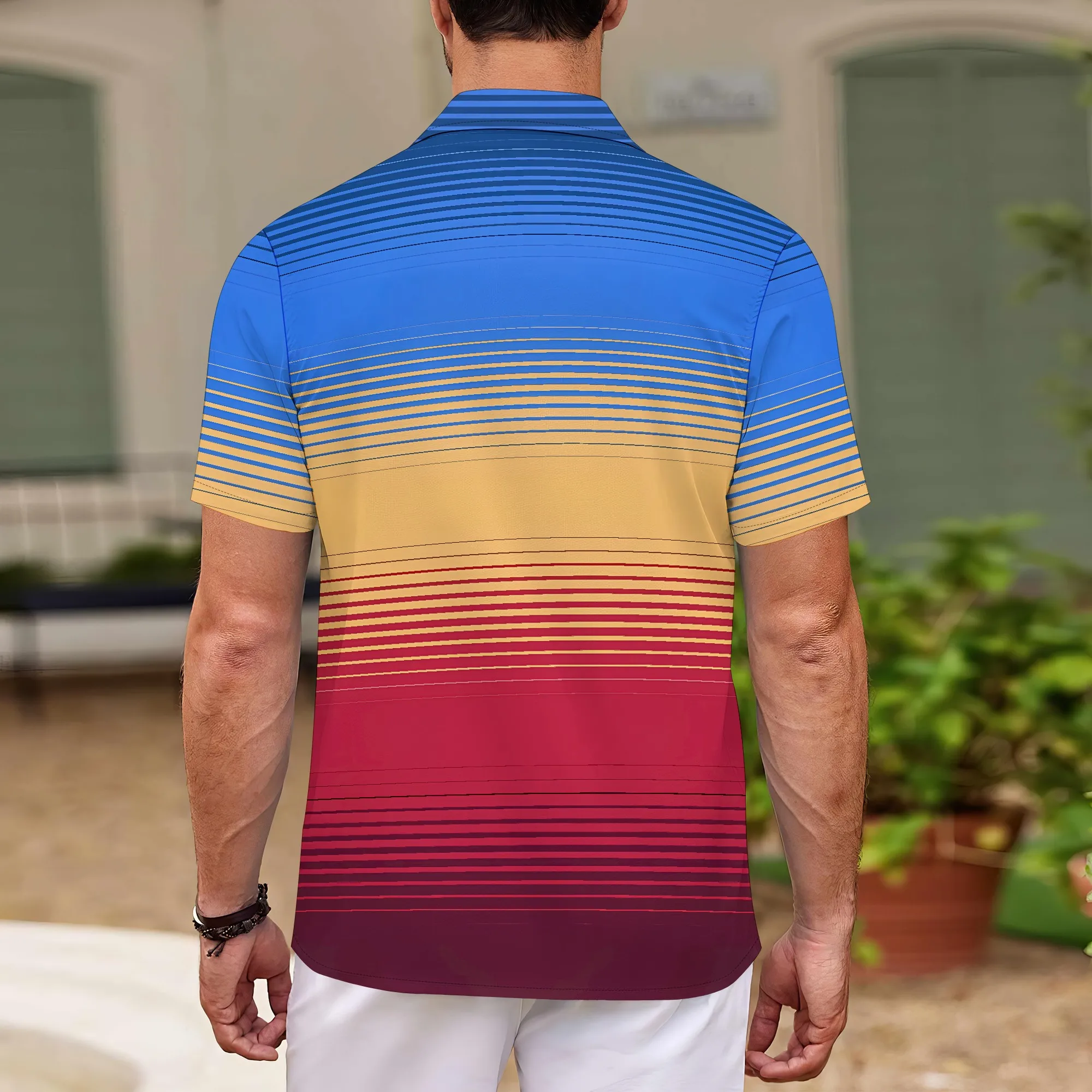 YEAE Colorful Gradient Stripe Print Shirt for Men Summer Casual Short Sleeve Top