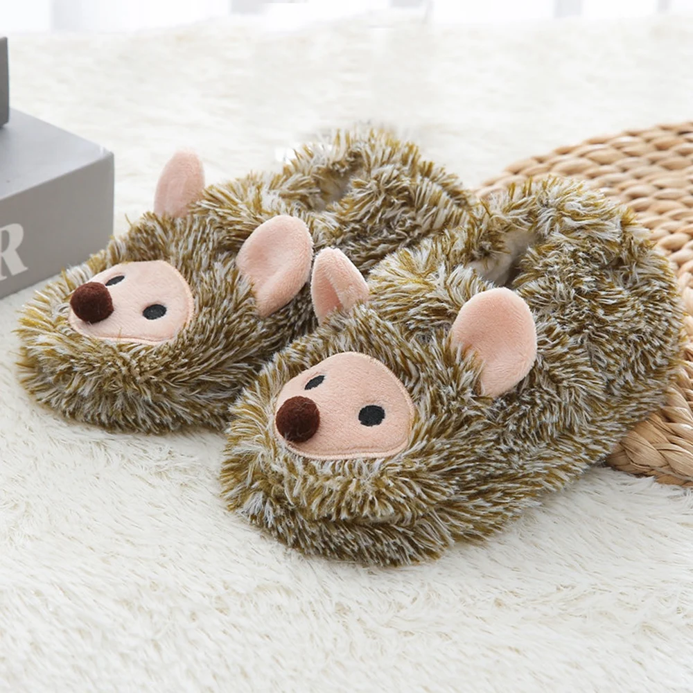 Toddler Boys Slippers Cartoon Hedgehogs Plush Warm Shoe Kids Winter House Shoes Soft Rubber Sole Home Indoor Footwear Baby Items