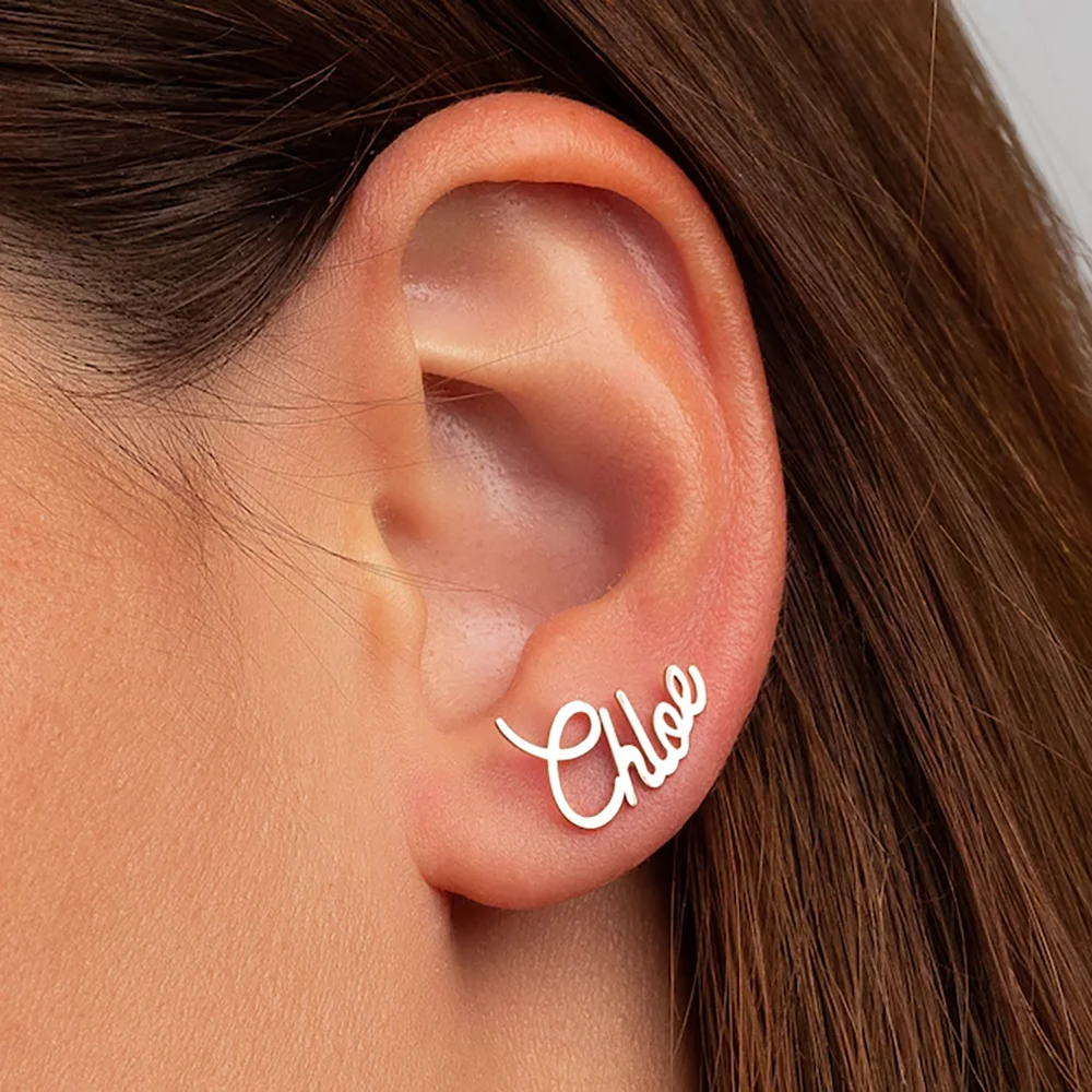 Women Custom Curved Name Stud Earrings Stainless Steel 3 Color Script Personalized Minimalist Ear Accessories