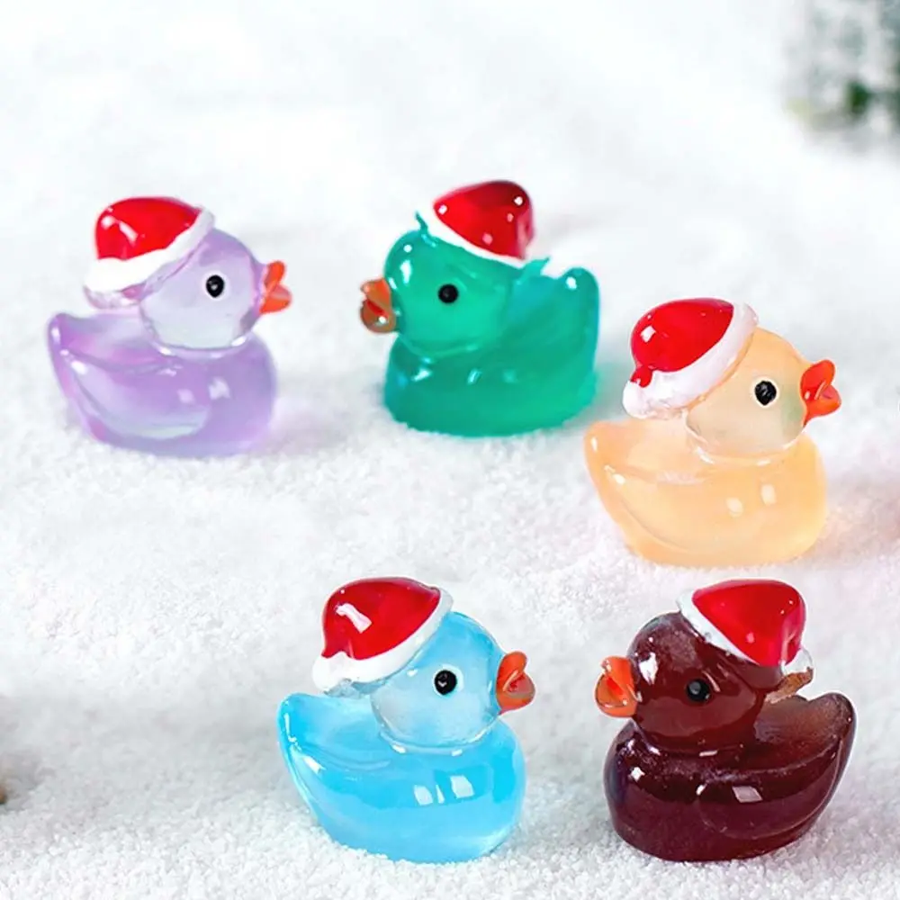 Cartoon Luminous Ducks Figurines with Christmas Hat Resin Crafts Duck Figurines Miniatures Glow in Dark Cute Mini Duck Statue