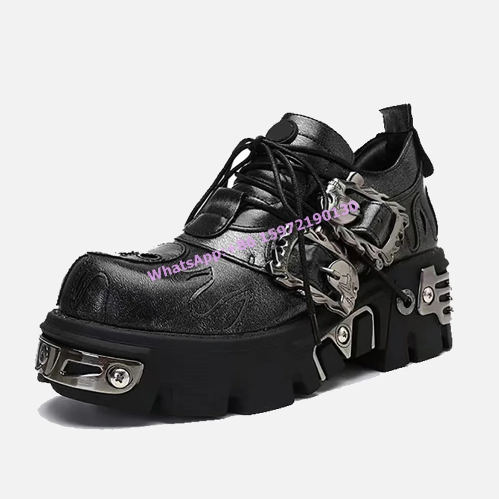 Dark Punk Leather Pumps Shallow Metal Buckle Fashion Fire Shoes Patchwork Lace Up Round Toe Thick Soled Retro Couple's Shoes