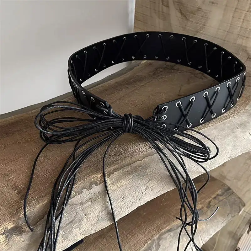 Vintage Widened Wax Rope Leather Tie Waist Neutral Punk Street Style Waist Belt Tassel Details Personalized Clothing Accessories