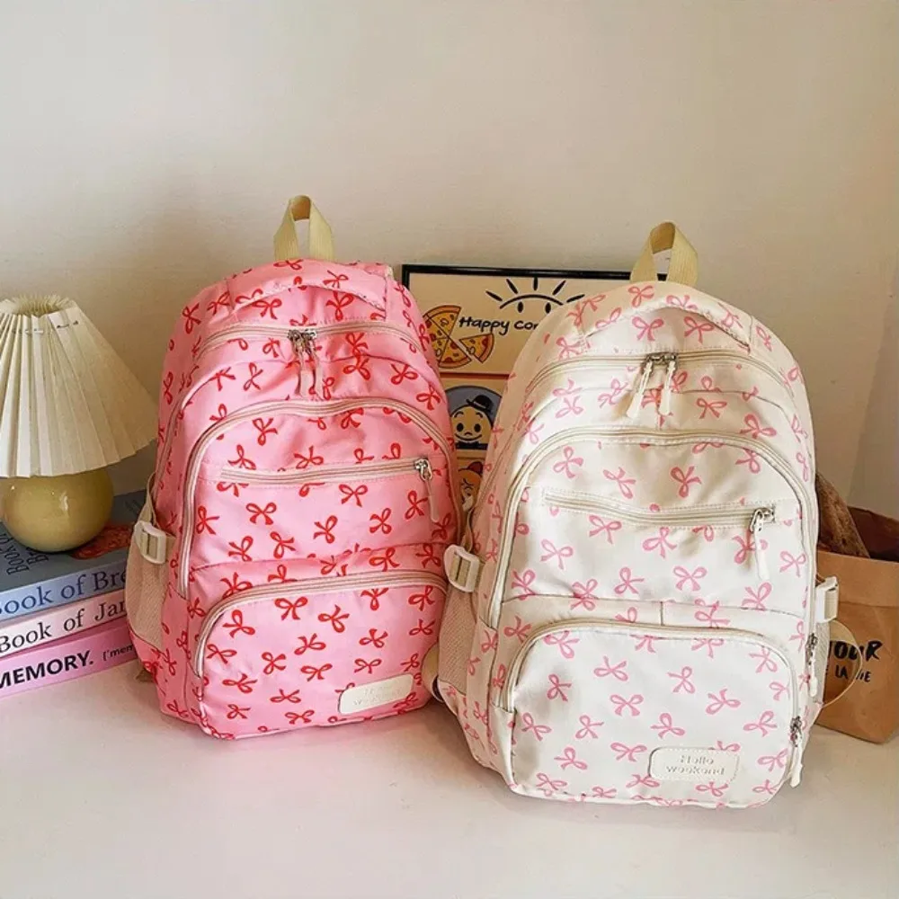 3 Pcs/Set Fashion Large Capacity Bow Backpack Bow Print Adjustable Strap Student Backpack Nylon Travel Backpack
