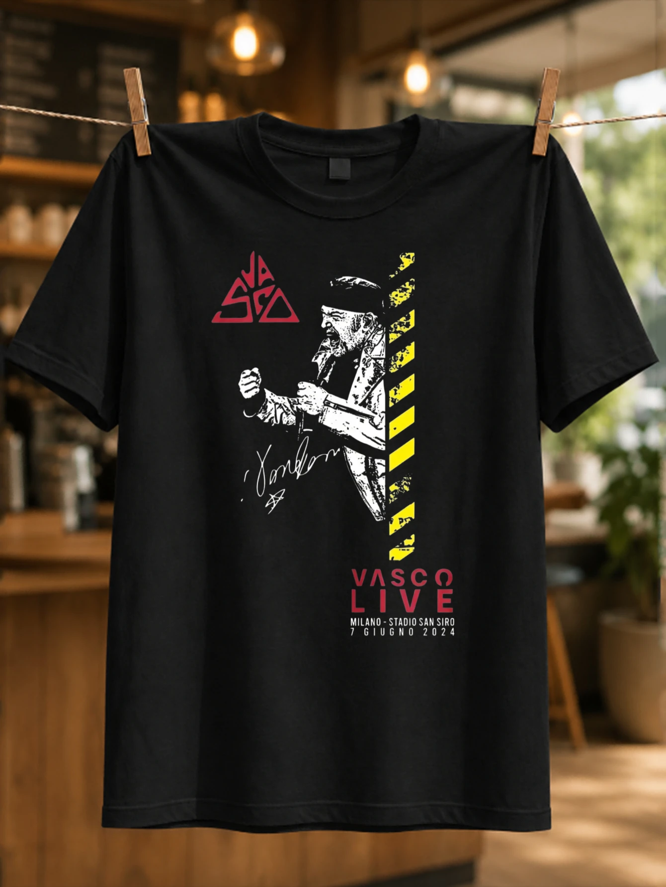 Vasco Live Milano red stage logo with performer silhouette yellow hazard bars and San Siro date  Unisex All T-Shirt