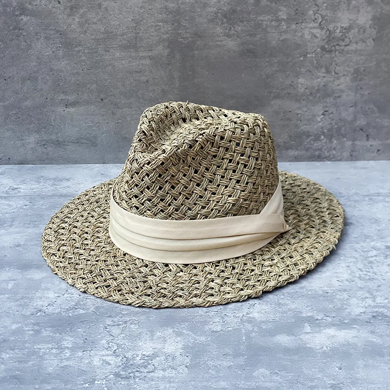 

Women Wide Brim Sea Grass Straw Hat Summer Panama Hat Rancher Fedora Hat Ribbon Band Beach Sun Hat UPF50+ Church Derby Party Hat