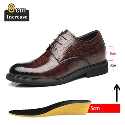 Genuine Leather Men's Dress Shoes Hidden Heels Elevator Shoes 8CM 6CM Height Increased Shoes For Men Fashion Brown For Wedding