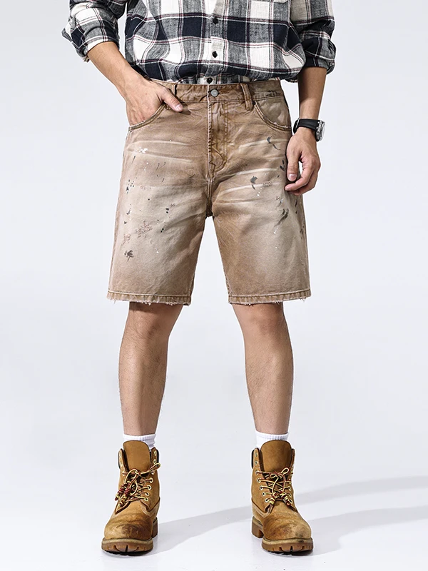 Retro American High Street Men's Jeans Casual Washed Elastic Cotton Denim Five-Point Design Trendy Mid-Waist Straight Leg