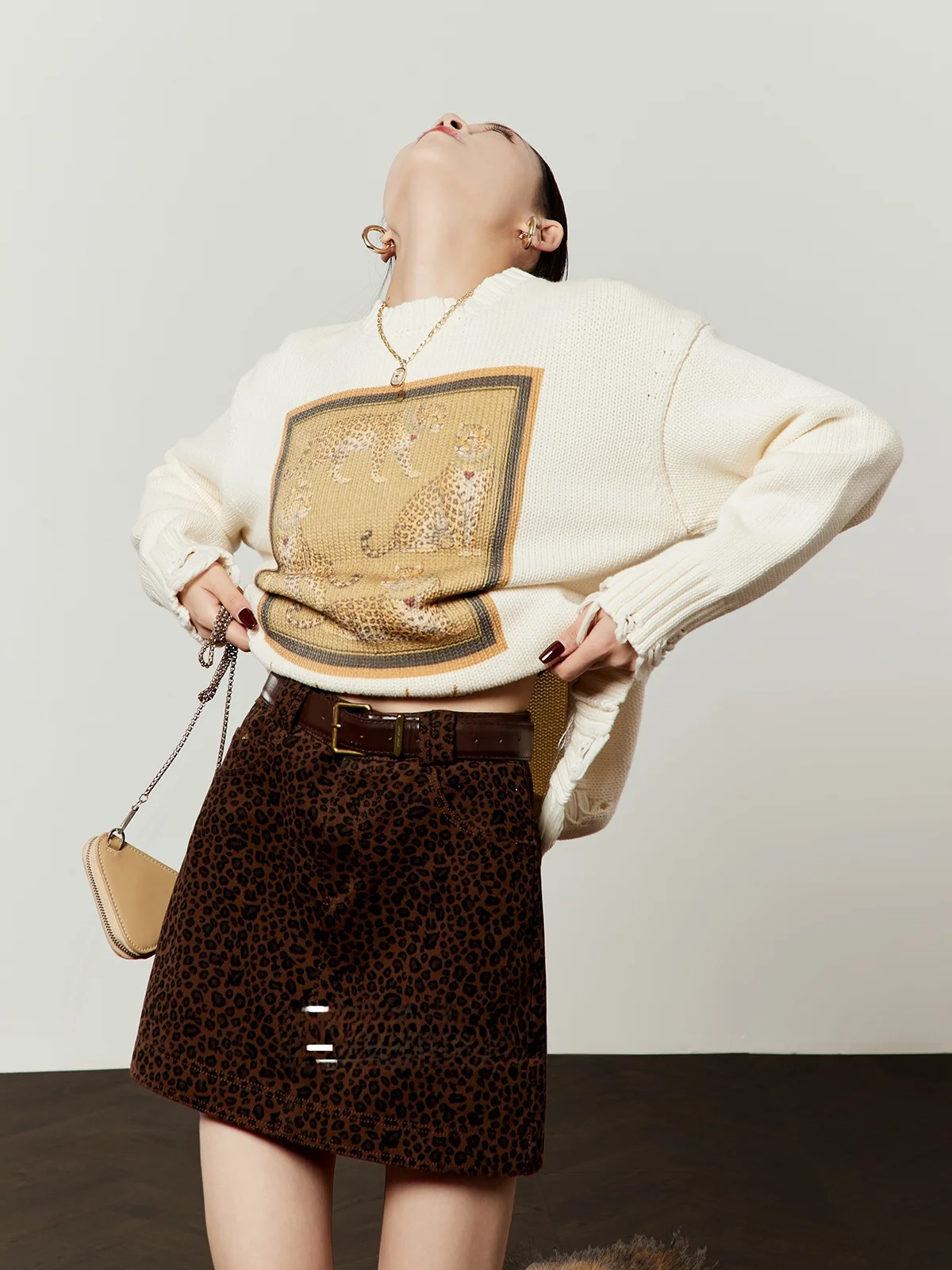 

White Casual round Ne Sweater Women's Loose Fit Spring 2026 New Sle Frame Four Leopards Knitted Long Sve Top