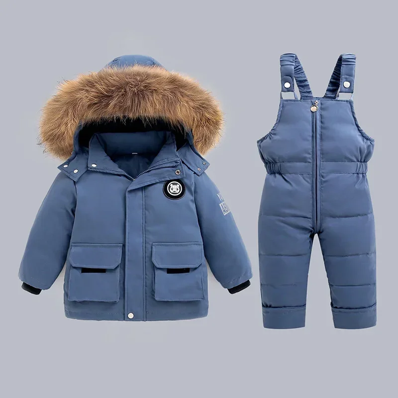 Outdoor Winter Children Clothing Set 2Pcs Kids Down Jackets Sets Thick Warm Down Coats+Strap Pants Baby Snowsuits Overalls