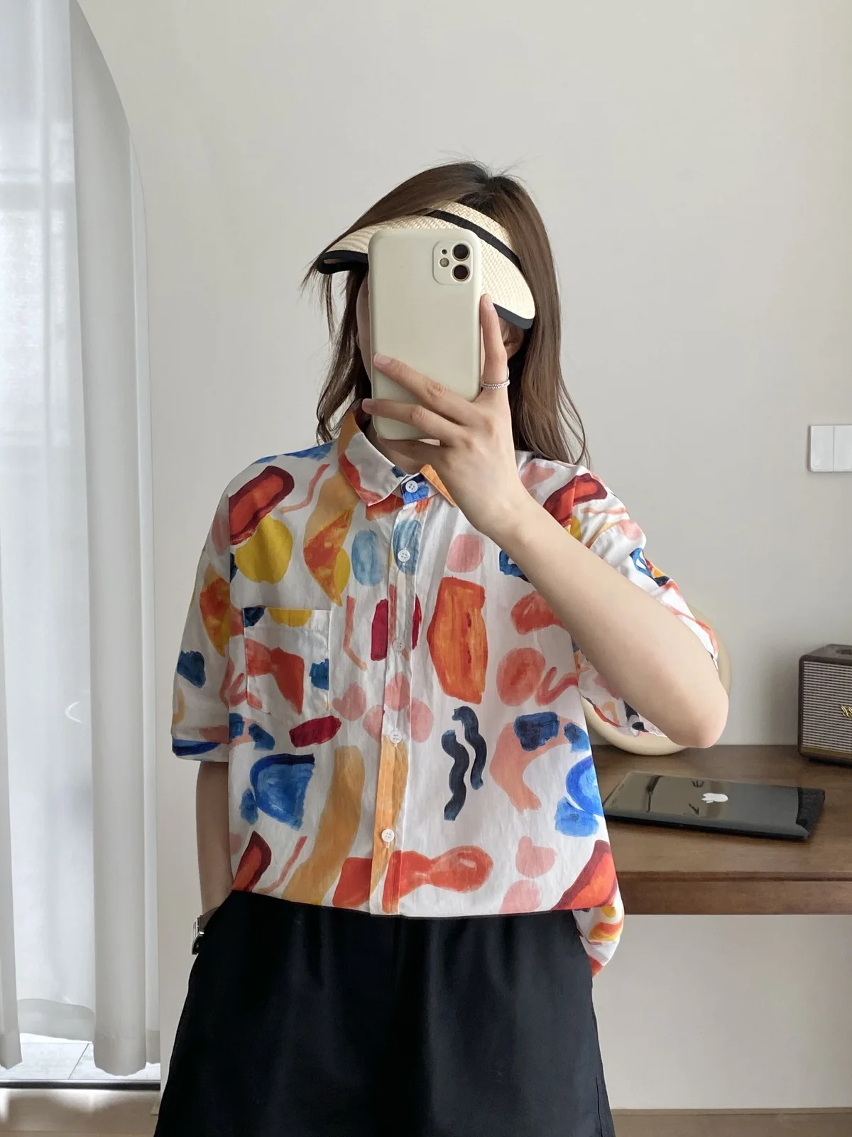 New Spring Cotton Watercolor Printed Shirt Women Lapel Short Sleeve Literature Top Girl Fashion Blouses 2024 Autumn T44960QC