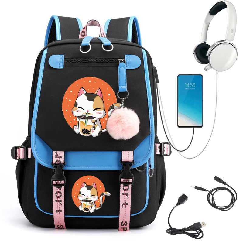 Kawaii Backpack Women Cat Boba Anime School Bags for Teenager Girls Bookbag Bubble Tea Cute Travel Backbag Usb Shoulder Bags