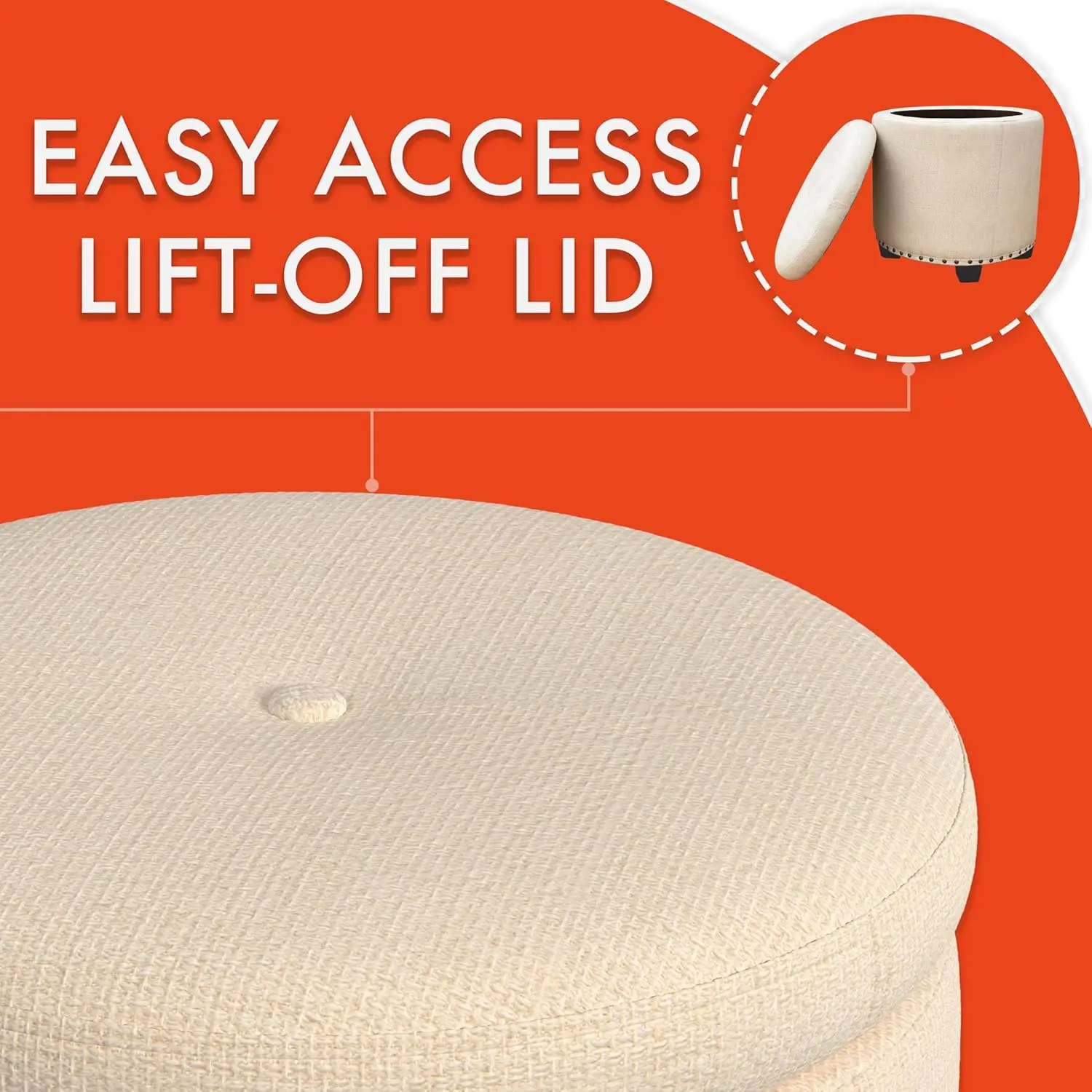 

Домашний декор | Мягкий круглый пуфик для хранения с головками гвоздей | Пуфик с местом для хранения вещей для гостиной и спальни, кремовый тканый