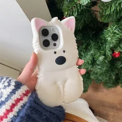 Korean Cute 3D West Highland White Terrier silicone phone case for iPhone 16 13 14 15Pro Max Fun cartoon protection soft cover