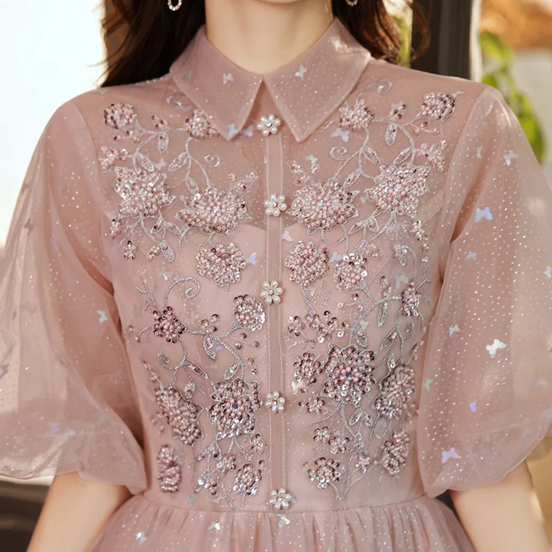 

Pink Sparkly Stylish Sequins Cheongsam Half Sleeve Prom Party Dress Gown Lapel Collar Pleated Qipao Elegant Zipper Vestidos