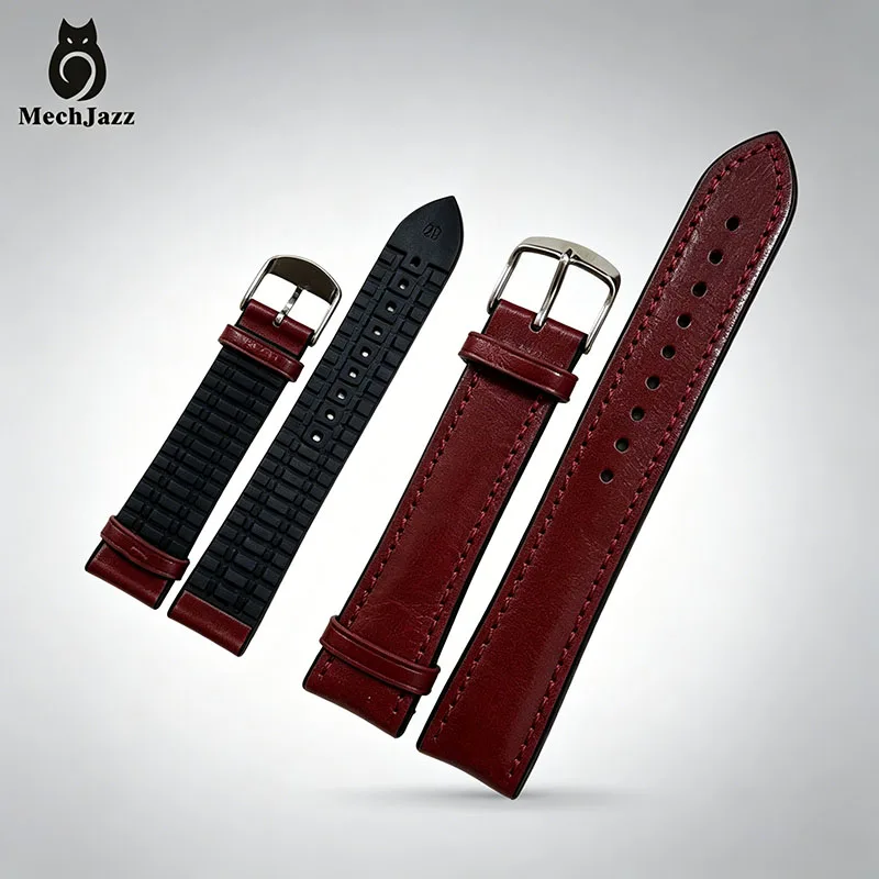 MechJazz 20mm Red Leather Watch Strap Silicone Back Waterproof Men's Replacement Watch Band with Stainless Steel Buckle