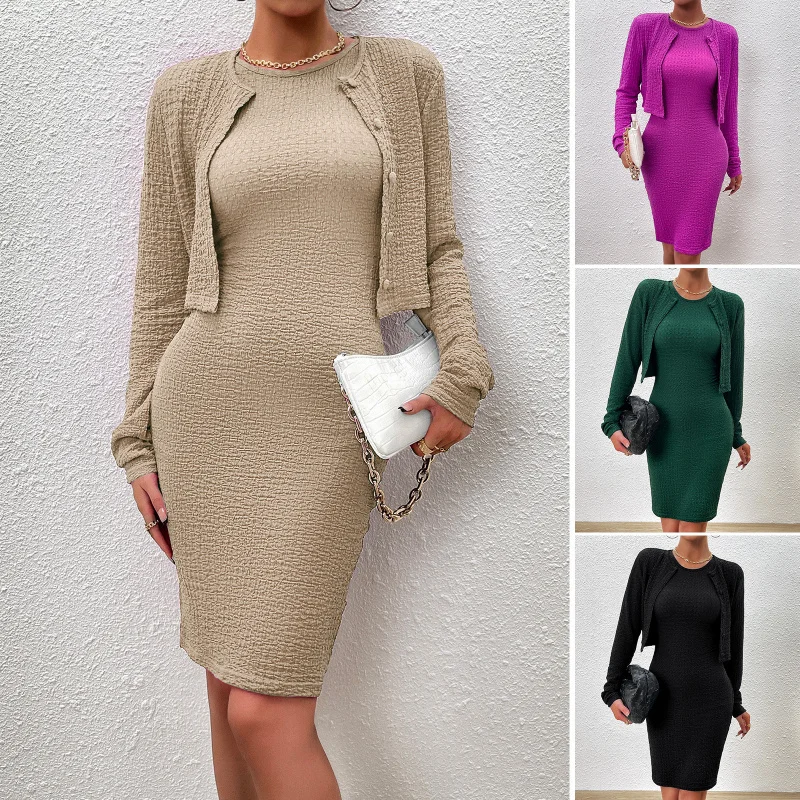 

Fashionable Women'S Clothing With Elegant Temperament Set, Long Sleeved Top, Round Neck, Hip Hugging Dress