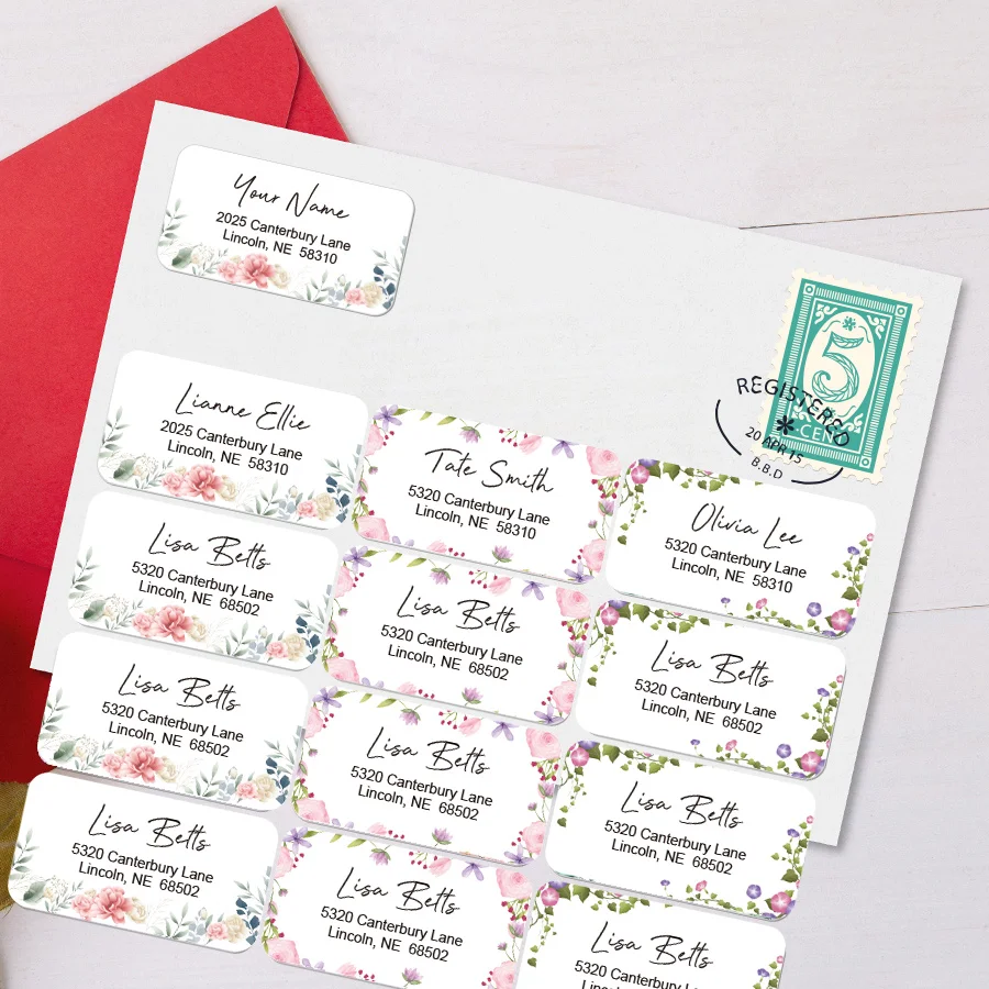 ملصقات بريدية زهرية مخصصة - ملصقات عناوين ذاتية اللصق للأعمال/القرطاسية، تصميم مخصص ومواد قابلة لإعادة التدوير  #4