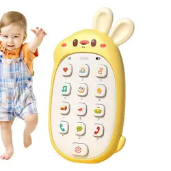 Teléfono de juego con forma de conejito para niños, lindo juguete de teléfono con oreja masticable, alimentado por batería, educativo, bilingüe, multifuncional