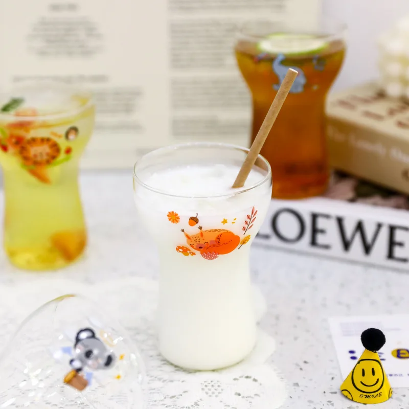 High Borosilicate Glass, Iced Americano Coffee Mug, Pudding Breakfast Milk Yea Juice Drinking Cup with Cut Anim, 400ml