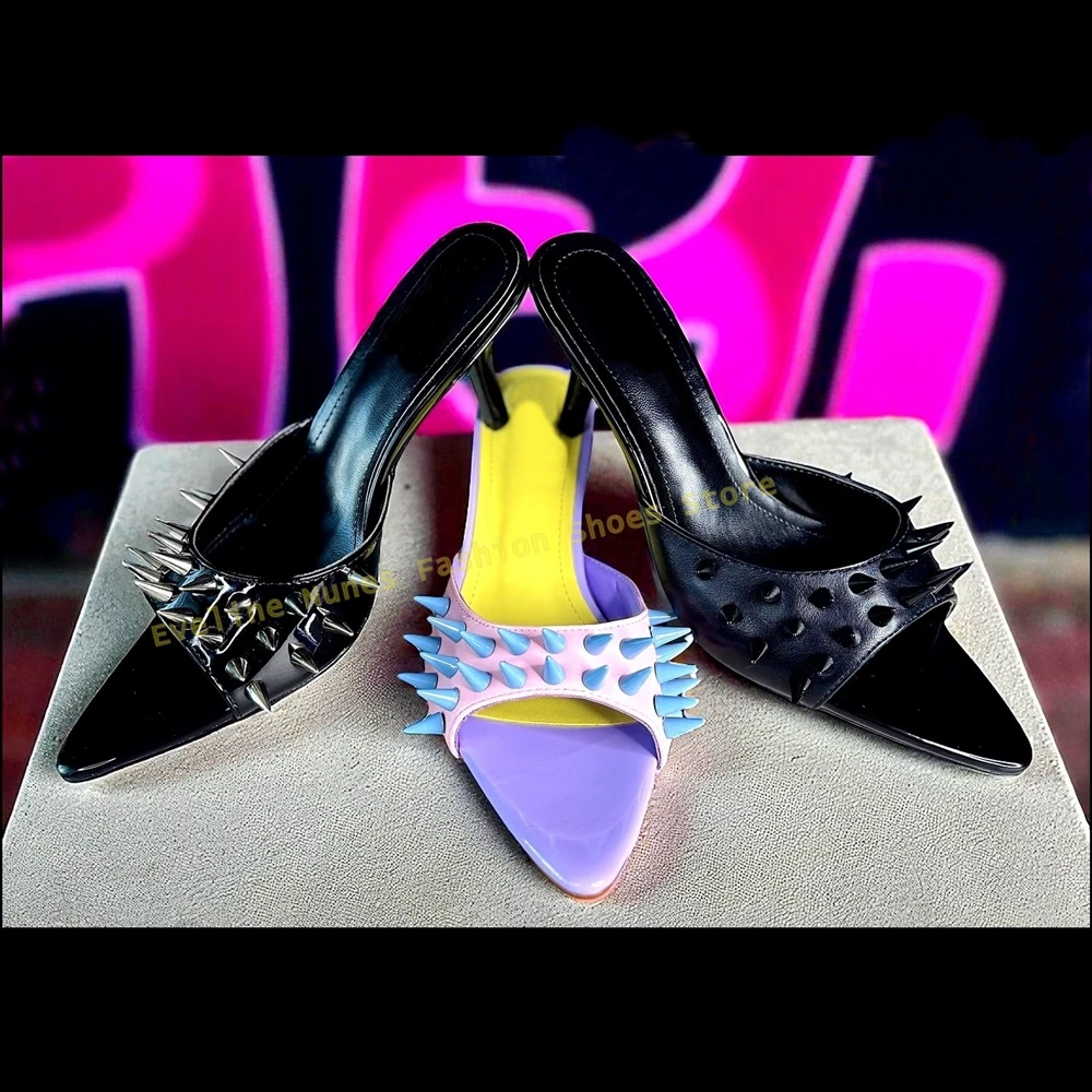 

Women's Black Spiked Studded Mule Heels Pointed Toe Kitten Heel Slides for Dress Y2K Party Club Outside Wear 2026 Summer Trend