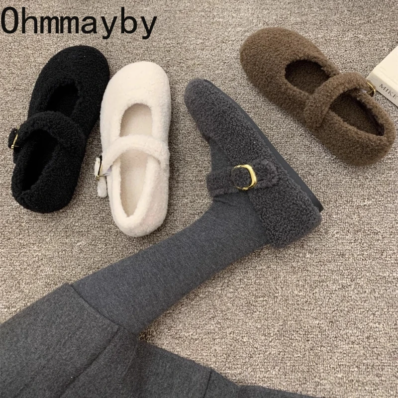 Winter Design Fur Women Mary Jane Shoes Concise Keep Warm Outdoor Shoes Ladies Comfort Cotton Flats Shoes