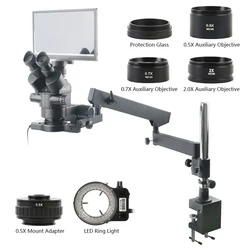 90X Articulating Arm Pillar Clamp Simul Focal Trinocular Stereo Microscope 1080P SONY IMX335 11.6 inch LCD Monitor Video Camera