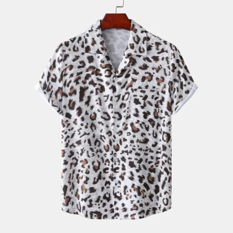 Fashion Leopard Print Summer Men\'s Shirts Casual Oversized Short Sleeve Fashion Single-Breasted Blouses Trend Tops Men Clothing