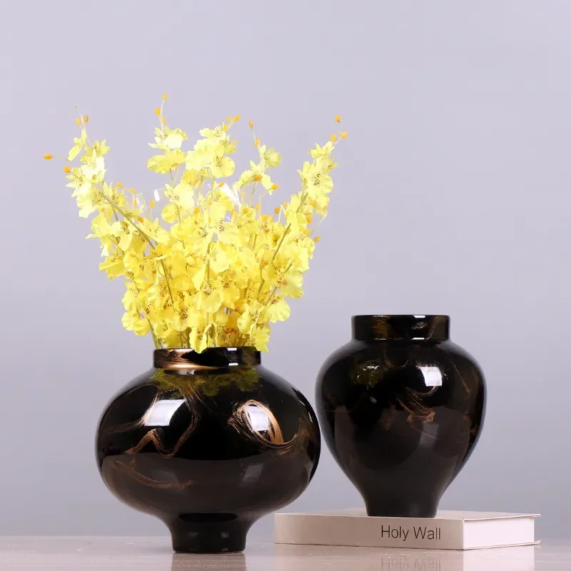 for New Chinese Style Bright Glazed Ceramic Vase Creative Hand Painted Black Color Matching Ornament Hotel Hydroponic Flower