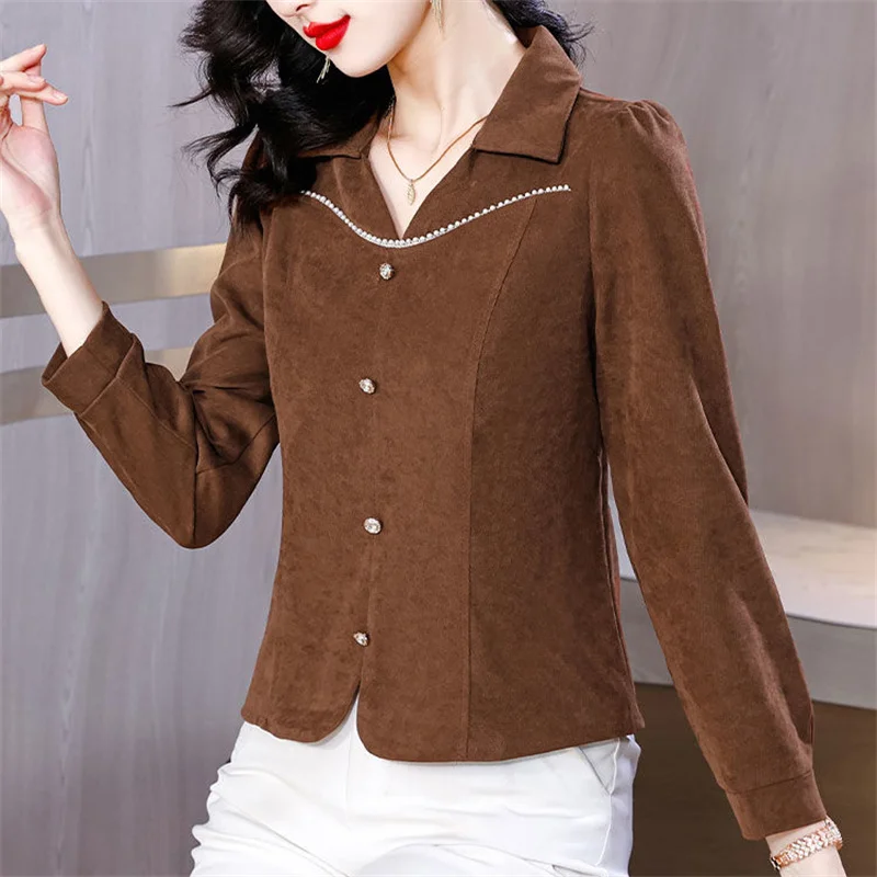 Spring Autumn Short Shirt Women 2024 New Loose Lapel Pure Colour Blouse Fashion Single-Breasted Buckle Pullover Top Female