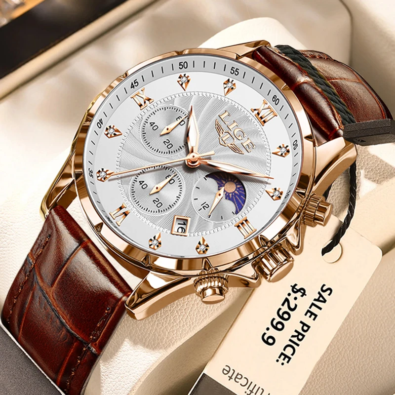 

LIGE Waterproof Watch Men Casual Sports Chronograph Wrist Watches For Men Fashion Business Brown Leather Quartz Men's Watches