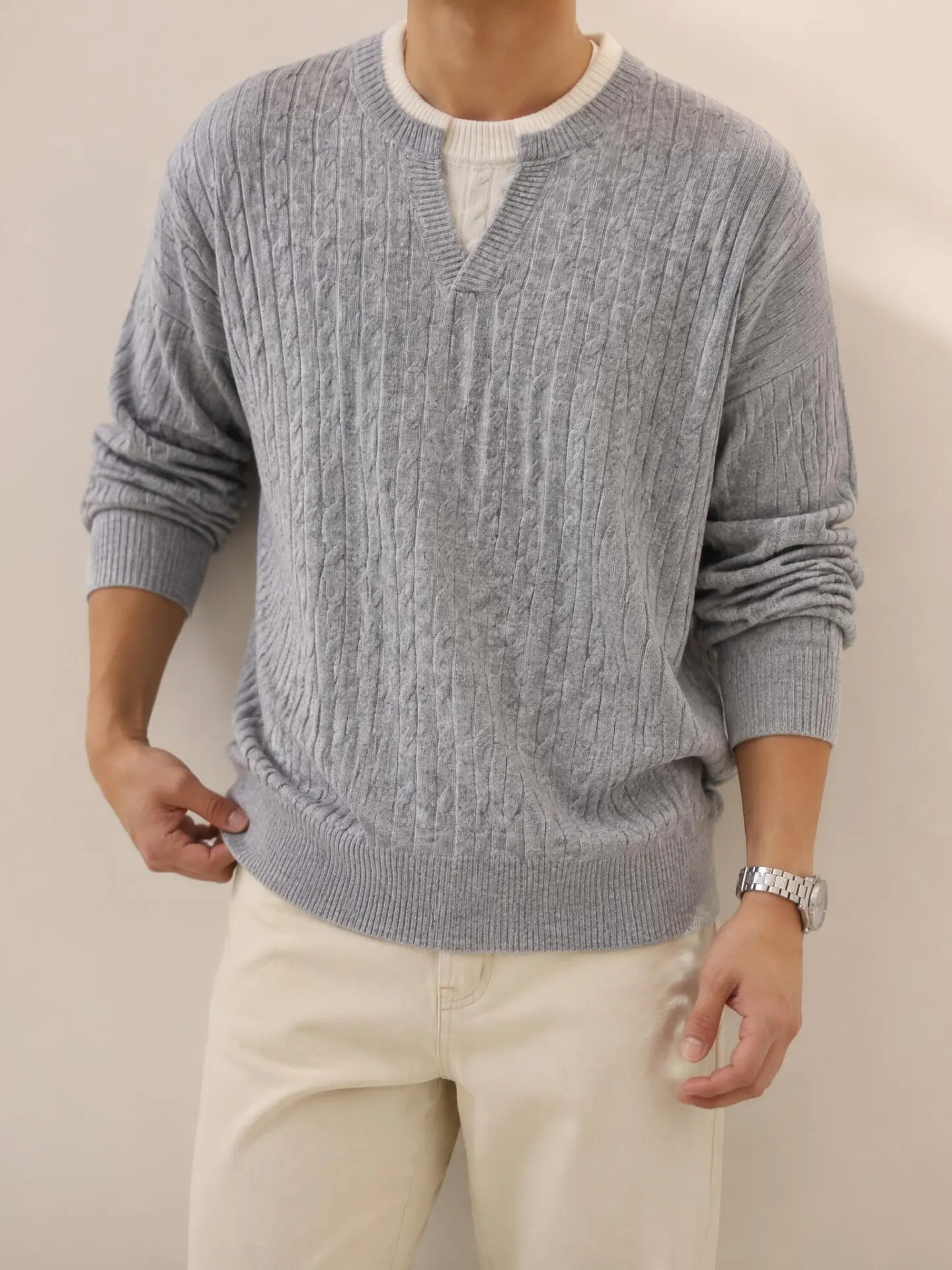 Lightly cooked fake two-piece V-neck cashmere sweater men's autumn high-grade versatile casual sweater