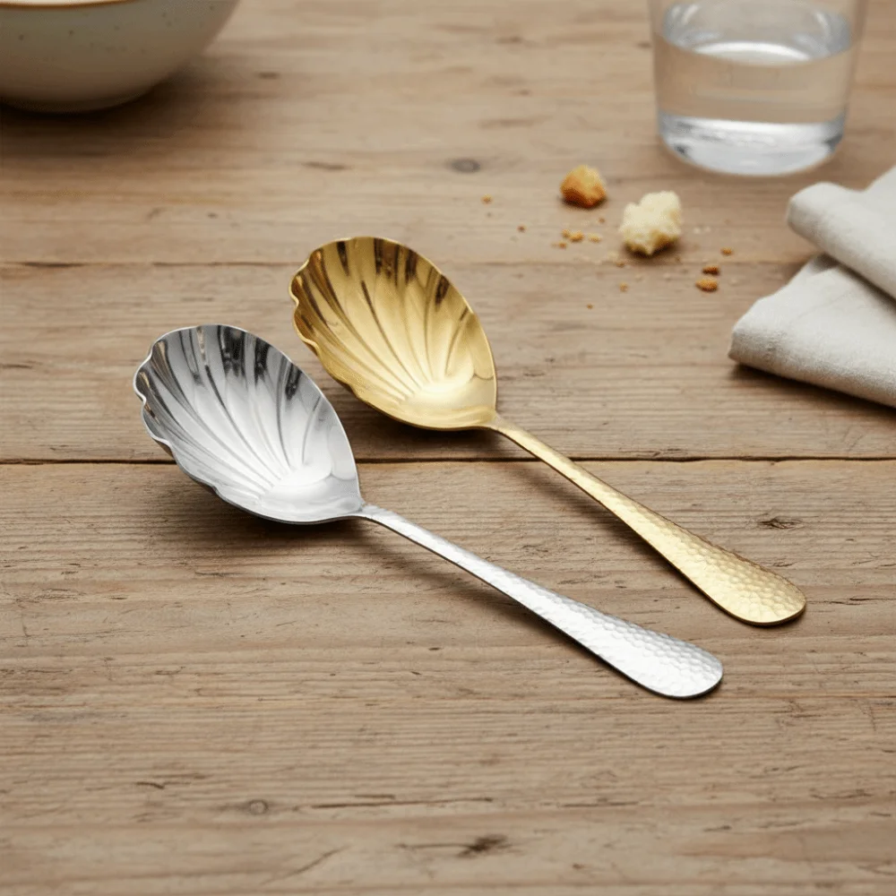 Hammered Patter Handle Shell Shape Soup Spoon Stainless Steel Thickened Serving Scoop Mirror Polishing Large Shared Spoon Dining