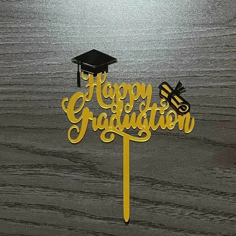 Gold Happy Graduation Acrylic Cake Toppers Bachelor Cap of Cake Toppers Student Graduation Ceremony Celebration Party Cake Decor