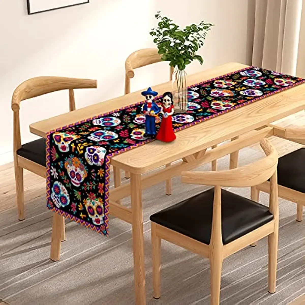 Mexican Day of The Dead Linen Table Runners Kitchen Dinning Table Decor Sugar Skull Table Runners for Dining Party Decor