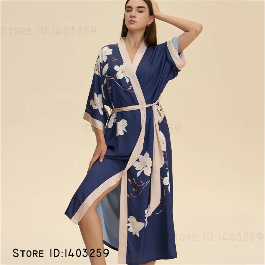 プラスサイズプリント花柄ロングバスローブ着物ガウンセクシーなウェディングローブドレスネグリジェエレガントなシルキーサテン女性のパジャマホームウェア