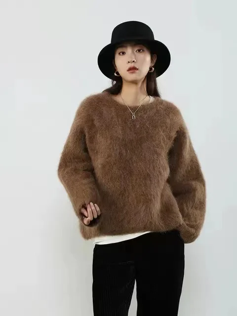 Angora Round Neck Mink Cashmere Sweater Loose Pullover Fluffy Soft Warm Women Knitted Long-Sleeved Thickened Sweater JZ143