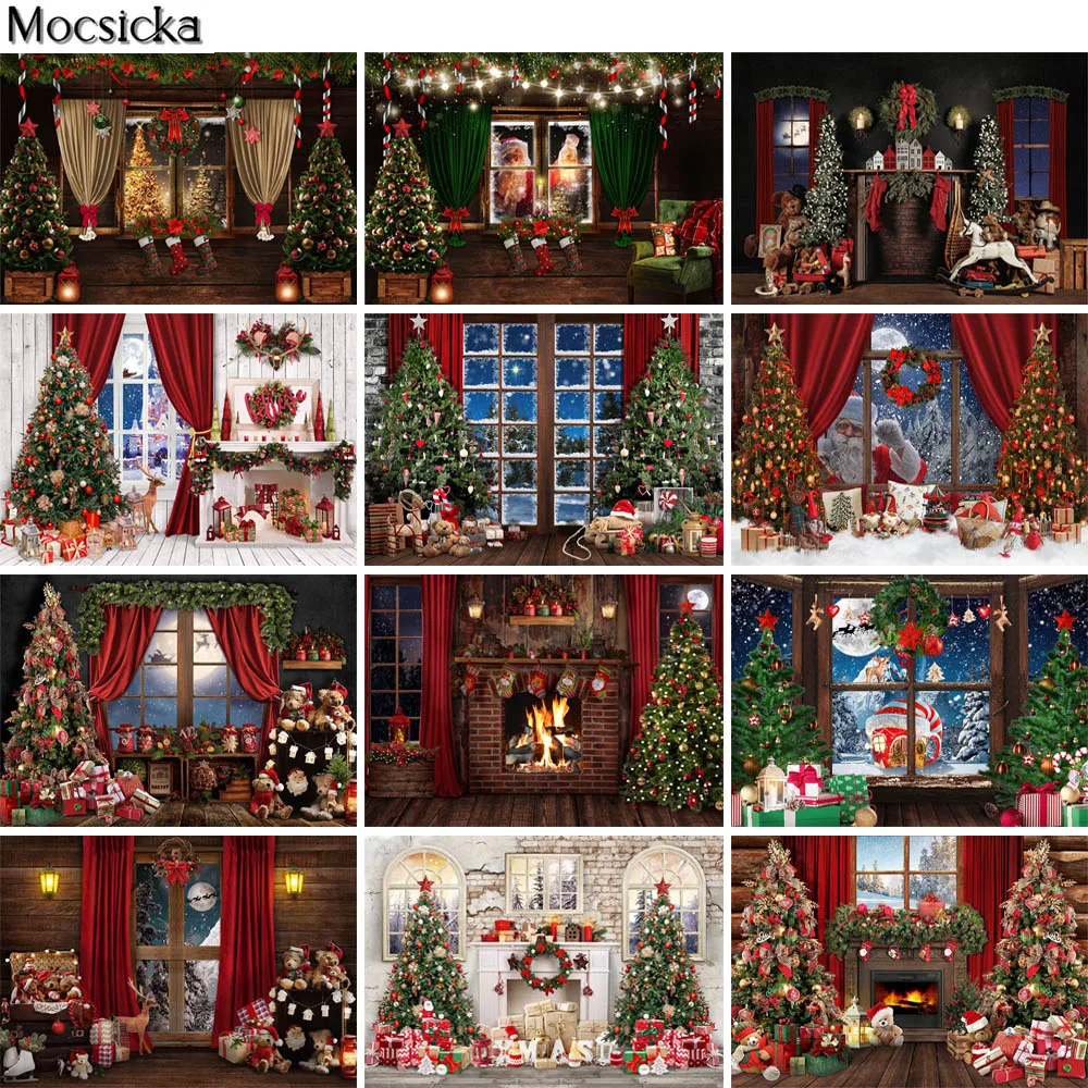 

Christmas Window Photography Backdrops Winter Snow Fireplace Family Portrait Photocall Xmas Trees Kids Birthday Photo Background