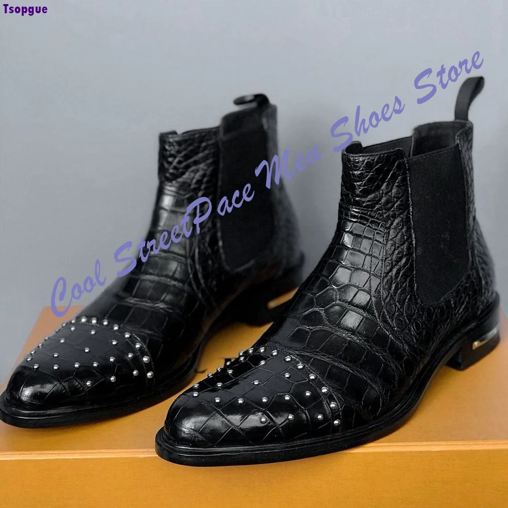 Men Black Crocodile Print Leather Chelsea Boots Silver Rivet Pointed Toe Elastic Ankle Dress Boots Punk Style Party Western