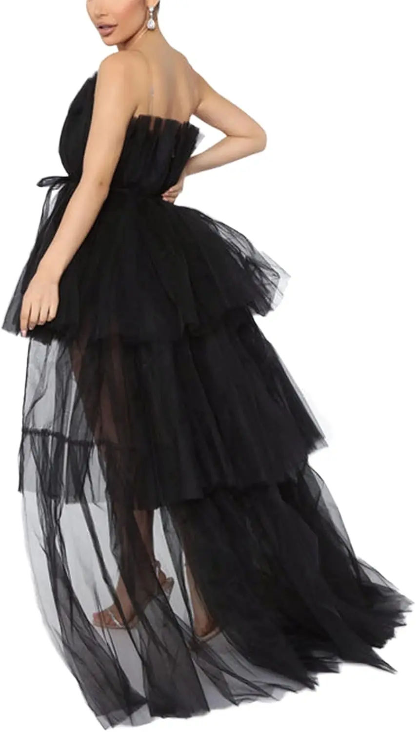 فستان حفلة موسيقية من التول عالي ومنخفض للنساء أنيق مكشوف الكتفين على شكل حرف A فستان قصير لحفلات الكوكتيل وحفلات السهرة