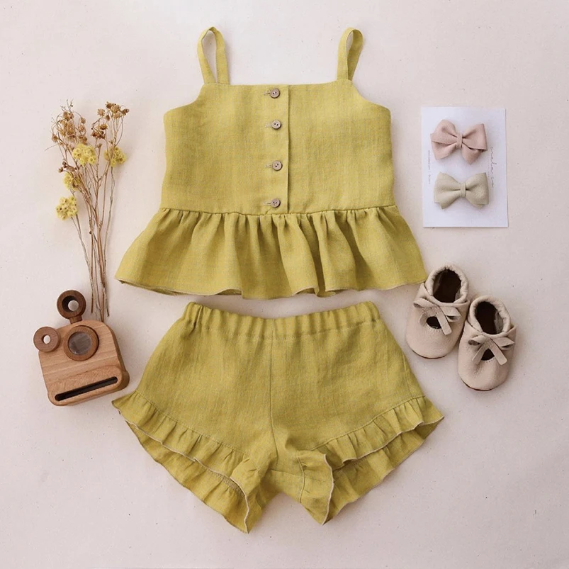 2025 Summer Baby 2pcs Tracksuit Suit Solid Linen Sleeveless Vest+Shorts Newborn Set Toddler Girls Lace Suspender Ruffles Clothes