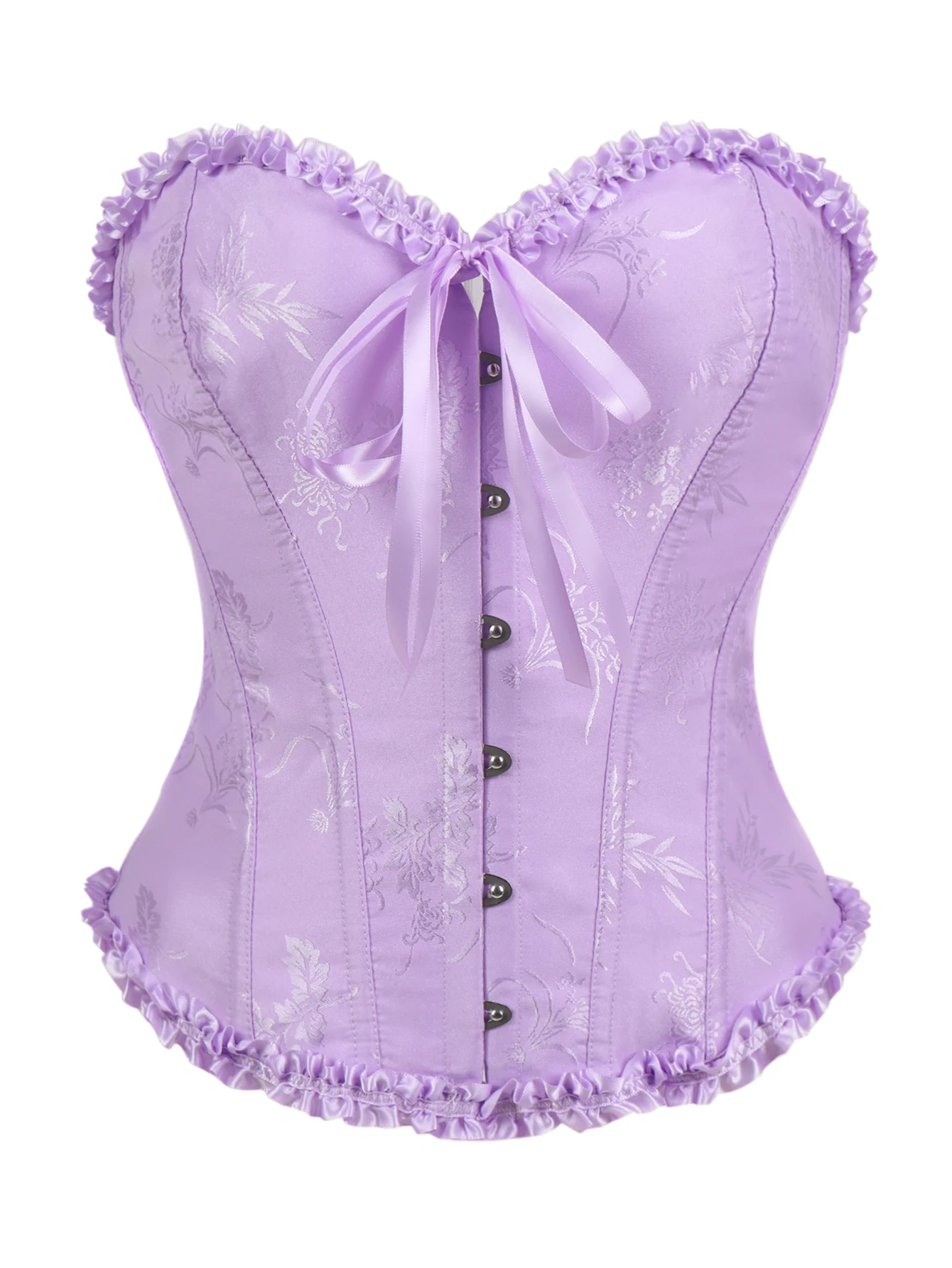 

Light purple jacquard lace edged belted bodice with front fastening and back ties Corset