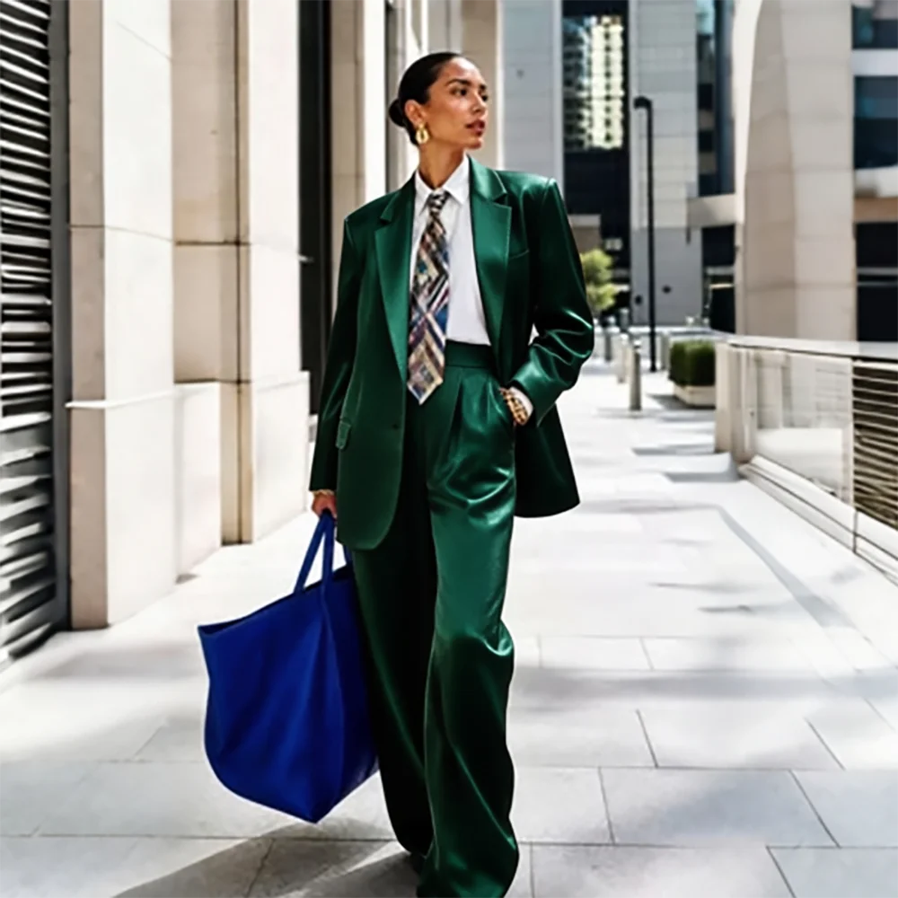 Bold Women Green Satin 2‑Piece Suit Set Oversized Blazer Wide Leg Pants Office Business Formal Ladies Party Tailored Suit Outfit