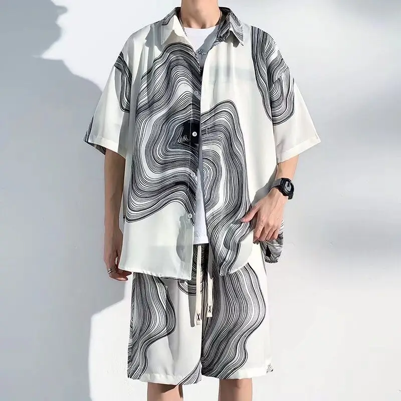 Men's Shorts Set Print Graphic Black Male Shirts Short Sets Korean Two Piece 2025 Trend New in Matching Outdoor Style Slim Fit