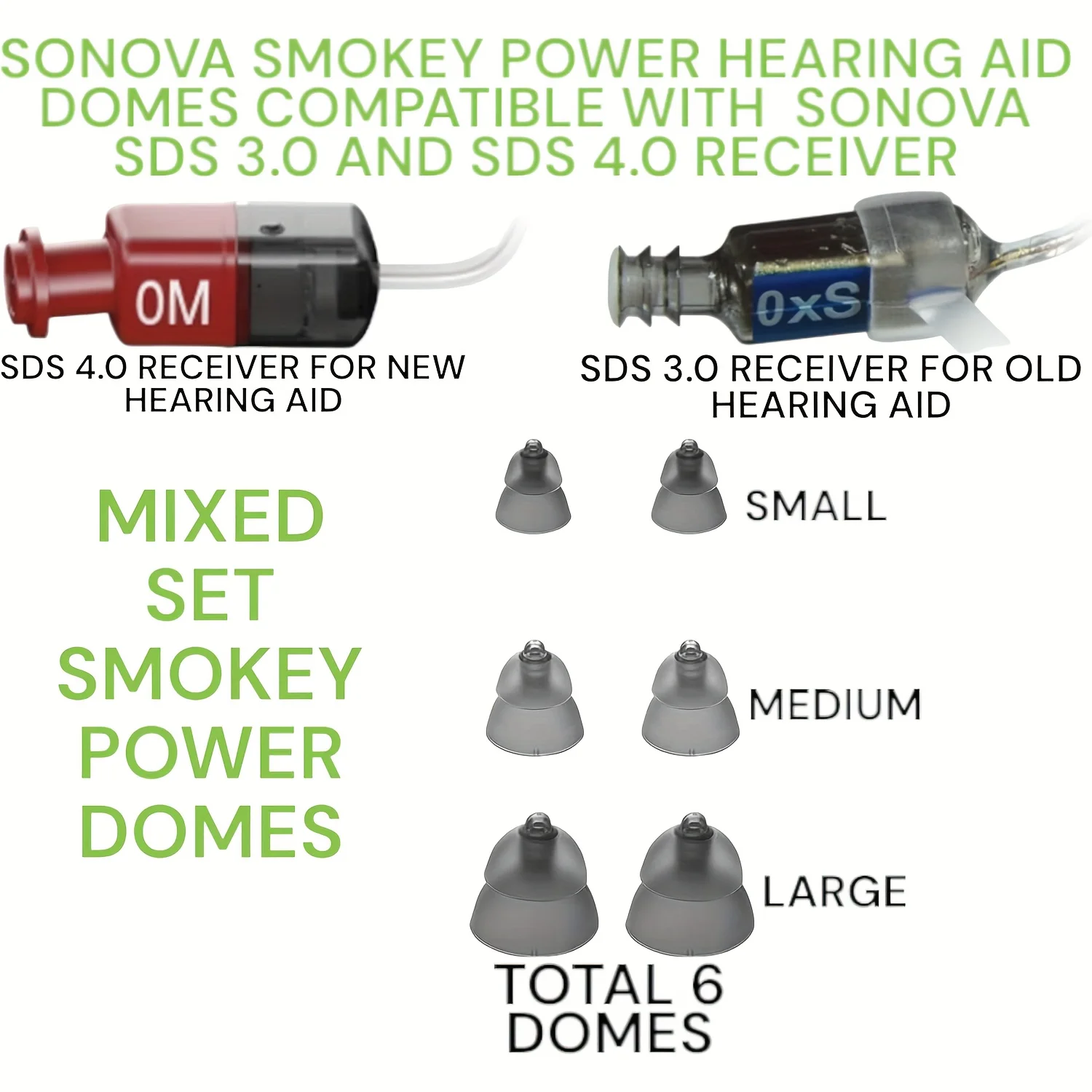 3-Pair Phonak Power Smokey Dome Replacement Domes- Mixed Small-Medium-Large Domes for Hearing Aids Compatible with All Receptors